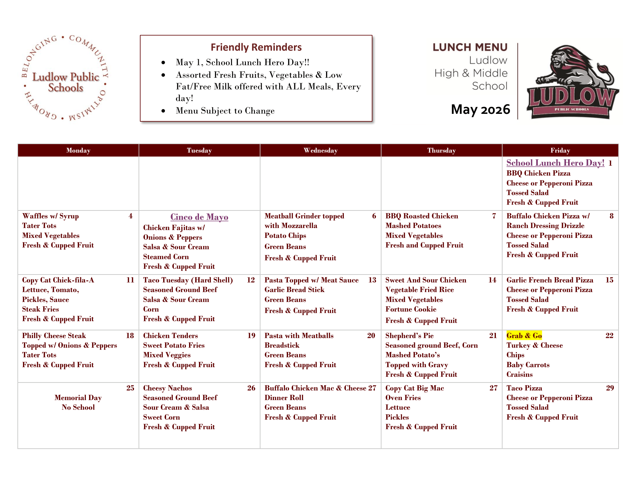 MAY 2026 LUNCH MENU